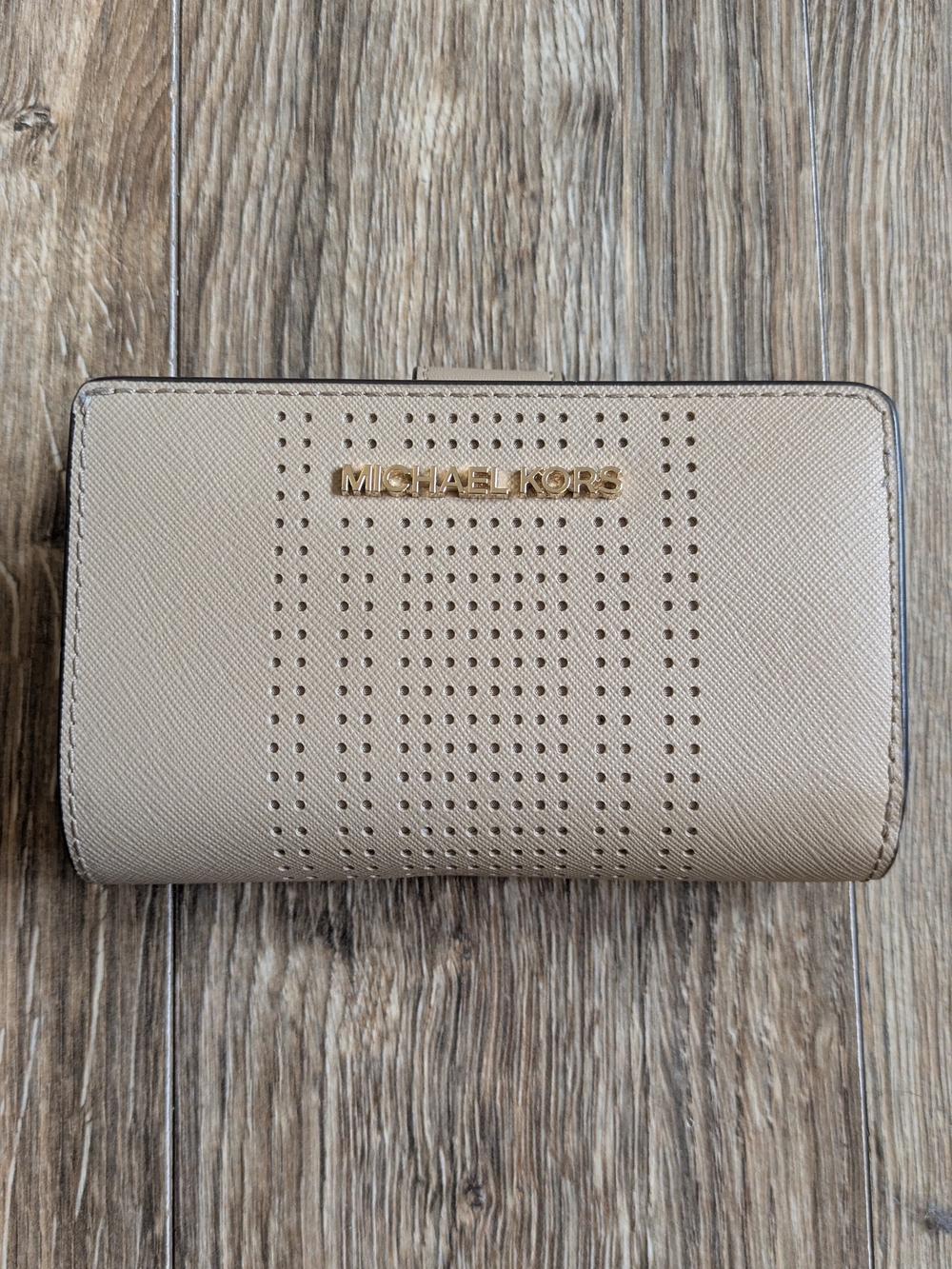 Michael Kors Beige Perforated Saffiano Leather Billfold Wallet, Gold Logo